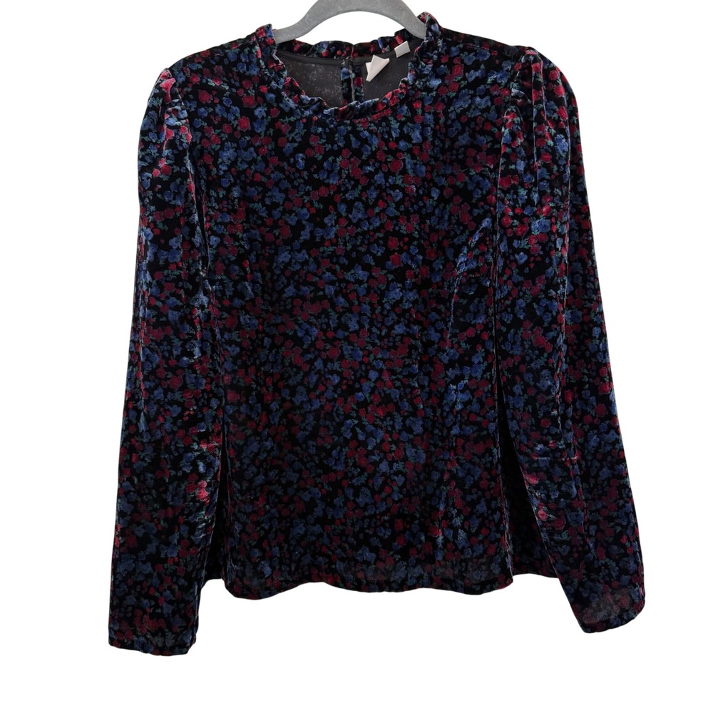 Gap Womens Floral‎ Velvet Puff Sleeve Mock Neck Ruffle Blouse Blue Red Black M - Picture 3 of 13